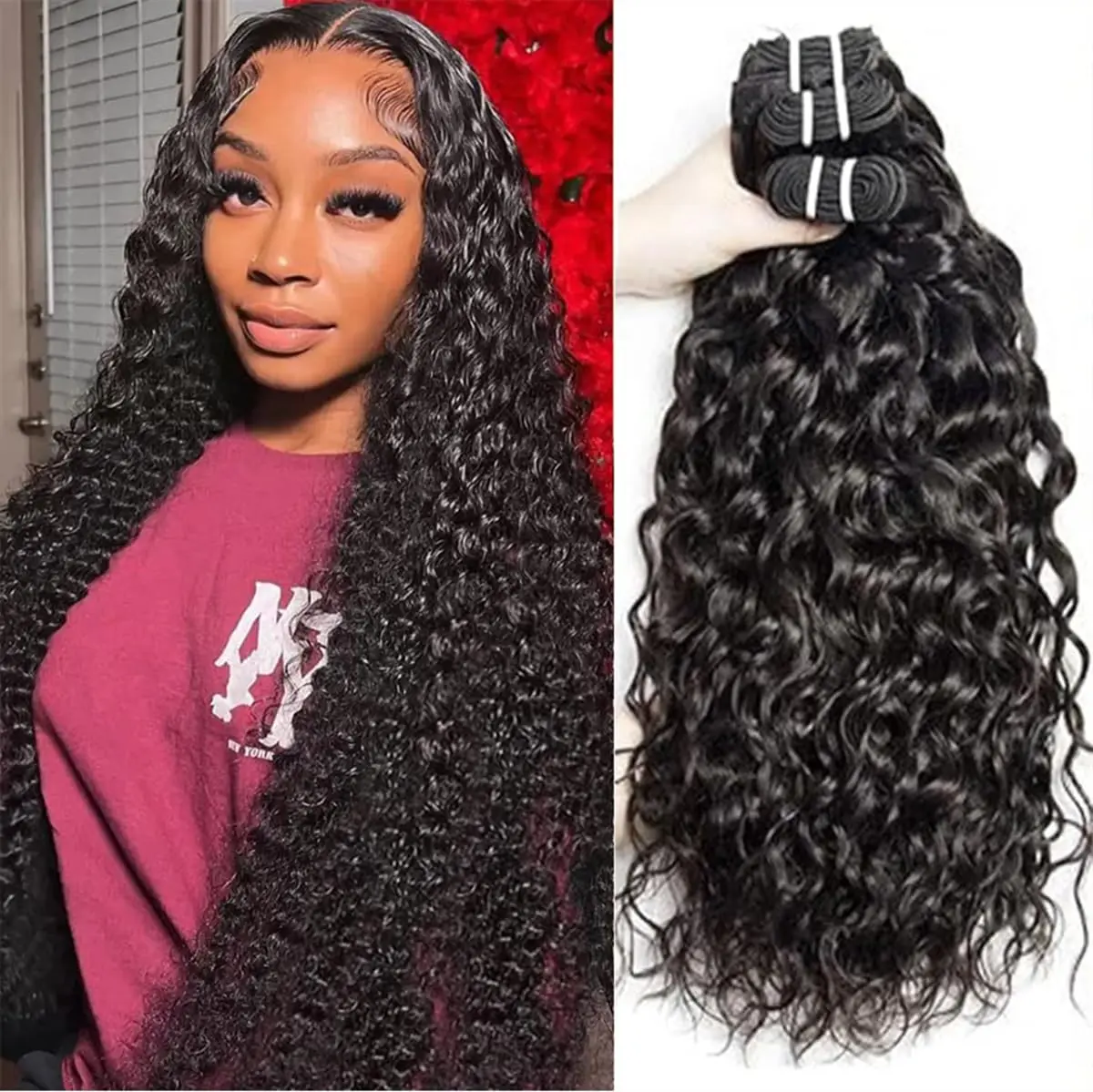 Bundles de cheveux humains brésiliens Deep Wave, 100% cheveux humains, cheveux Remy noirs naturels, bouclés, 3 faisceaux