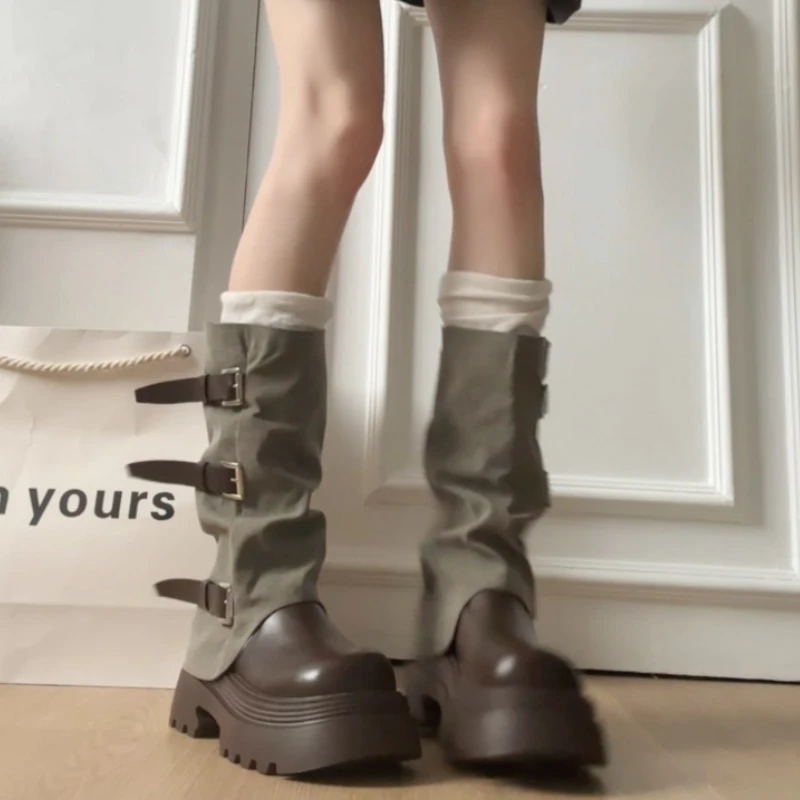 

Зимние модные женские рыцарские сапоги на платформе и каблуке, модные туфли без шнуровки с пряжкой на ремне, женские элегантные ботильоны до середины икры
