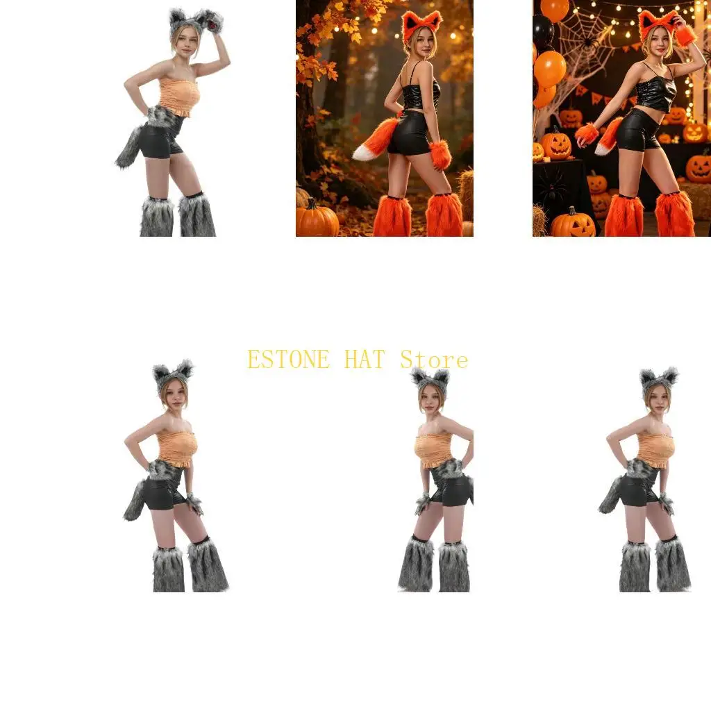 49MF Plush Wolf Costume Accessory Set for Halloween Cosplay Parties and Photos with Ears, Tail and Leg Accessories for Styling