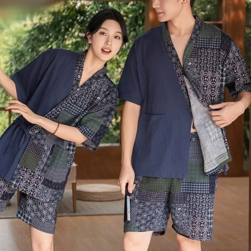 Men's Japanese Jinbei Set Short Sleeve Summer Loungewear Breathable Cotton Print Yukata Kimono Pajamas for Home Sauna Spa Unisex