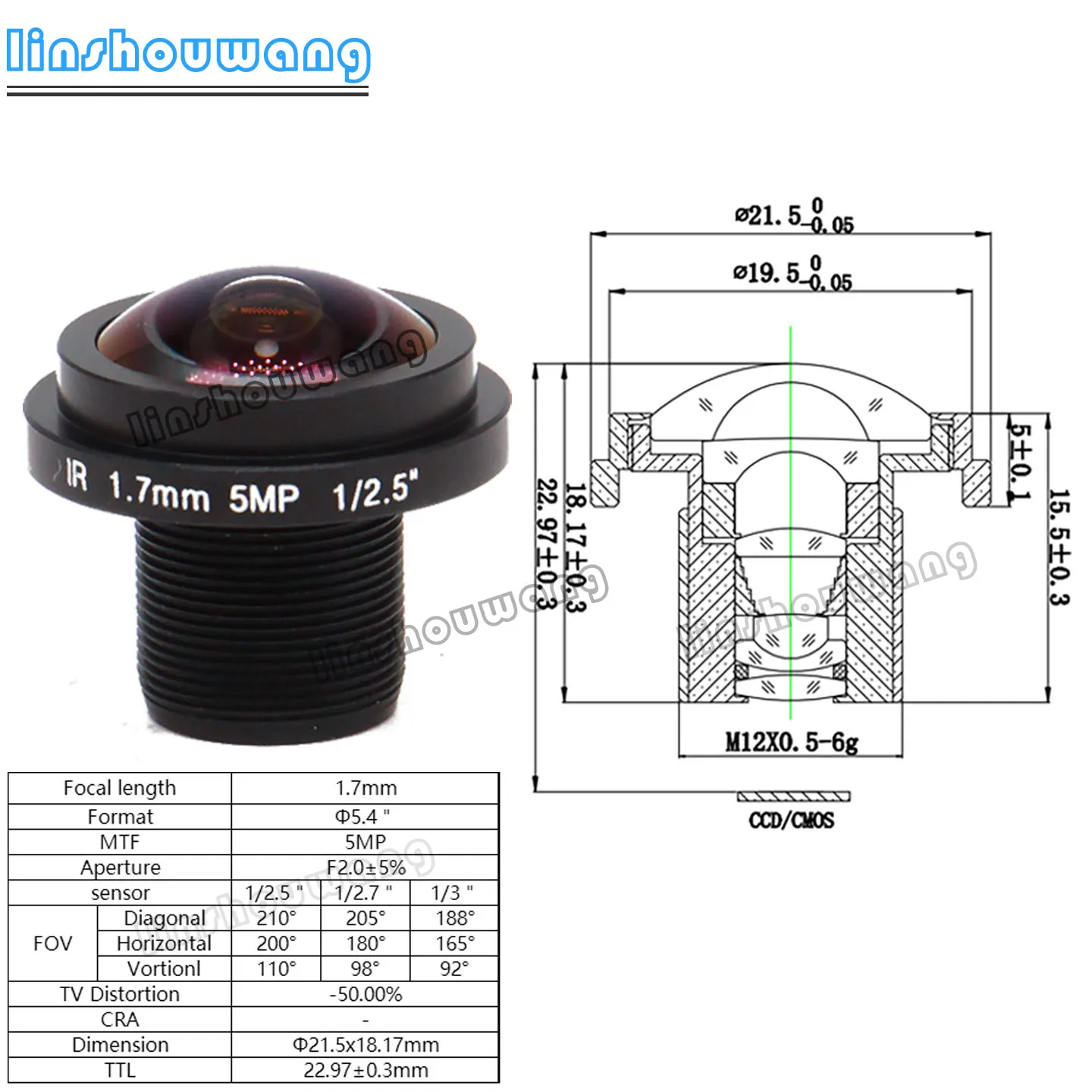 Fisheye Lens M12 Interface 210-Degree 5-Megapixel 1/ 2.5inch Camera Accessories Surveillance Hikvision Dahua Action Camera Lens