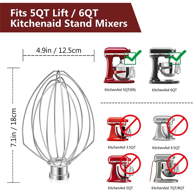 Látigo de alambre para batidora de pie, elevador 5QT y 6QT, accesorio para batidor, agitador de crema de huevo de acero inoxidable