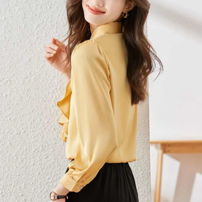 NAVIU Yellow Ruffles Shirt for Women Formal Long Sleeve Blouses Office Lady Work Tops Elegant Temperament White New