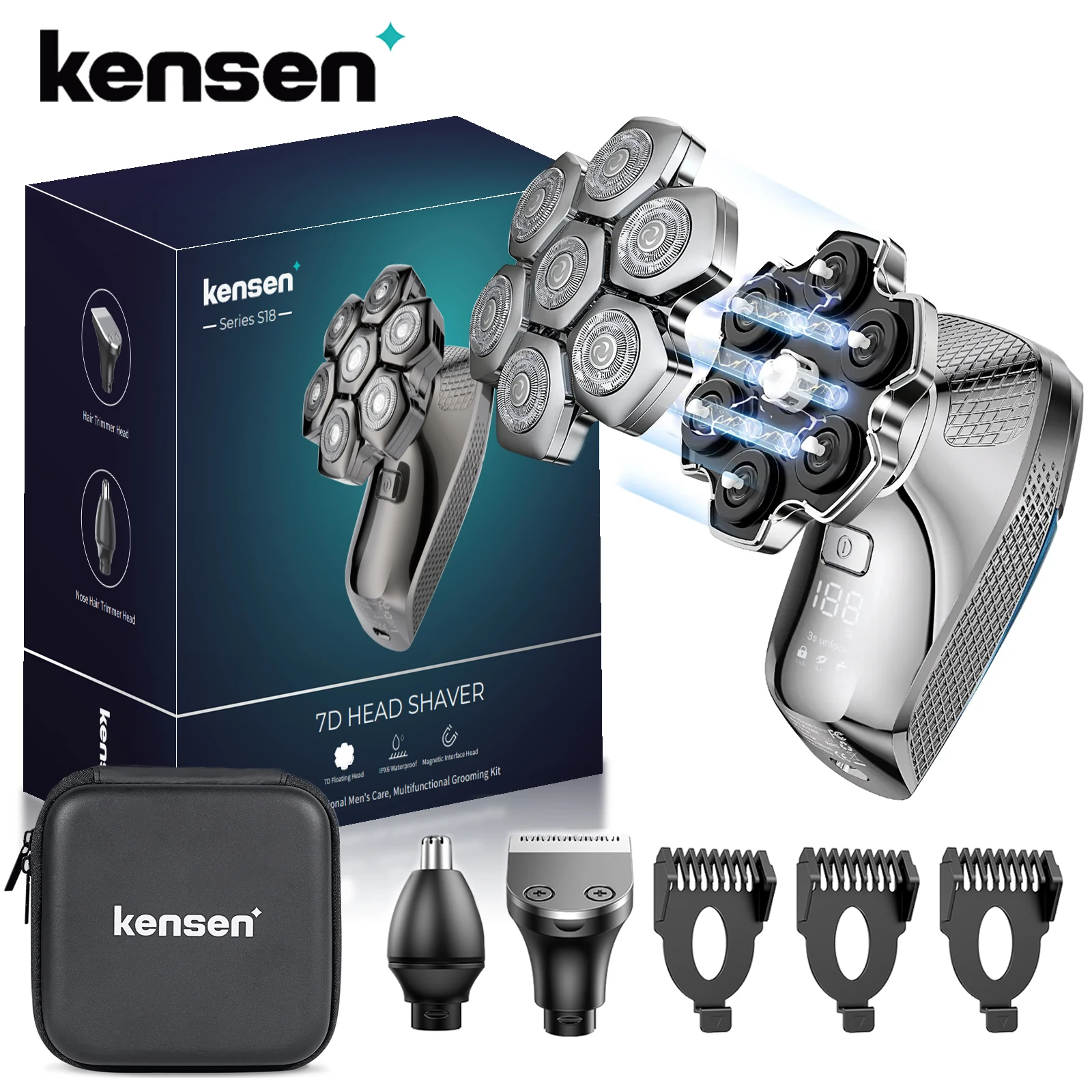 Kensen S18 Elektrisch hoofdscheerapparaat voor mannen Oplaadbare 7D drijvende snijder Magnetisch 5-in-1 scheerapparaat Tondeuse Clipper Hoofdscheerapparaten