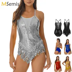 Women Sequins Tassel Latin Jazz Dance Dress Backless Fringed Leotard Competition Ballroom Samba Tango Latin Performance Costume