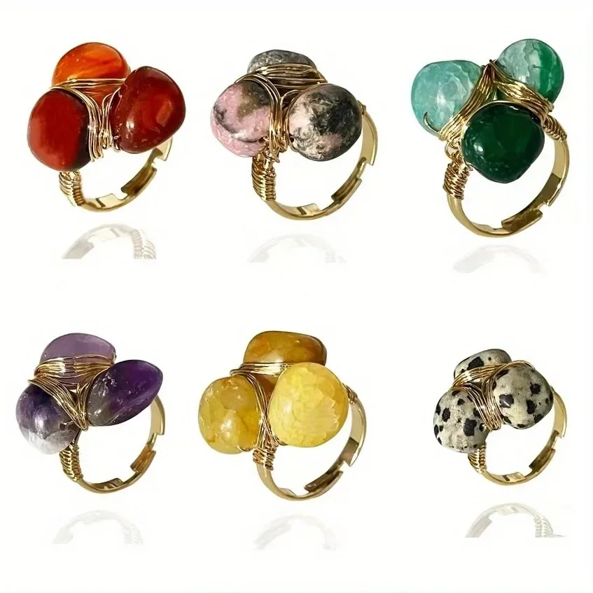 Natural Stone Ring Irregular Shape Agates Crystal Resizable Rings for Women Men Fashion Charm Jewelry Gift 3-Stone Ring Jewelry