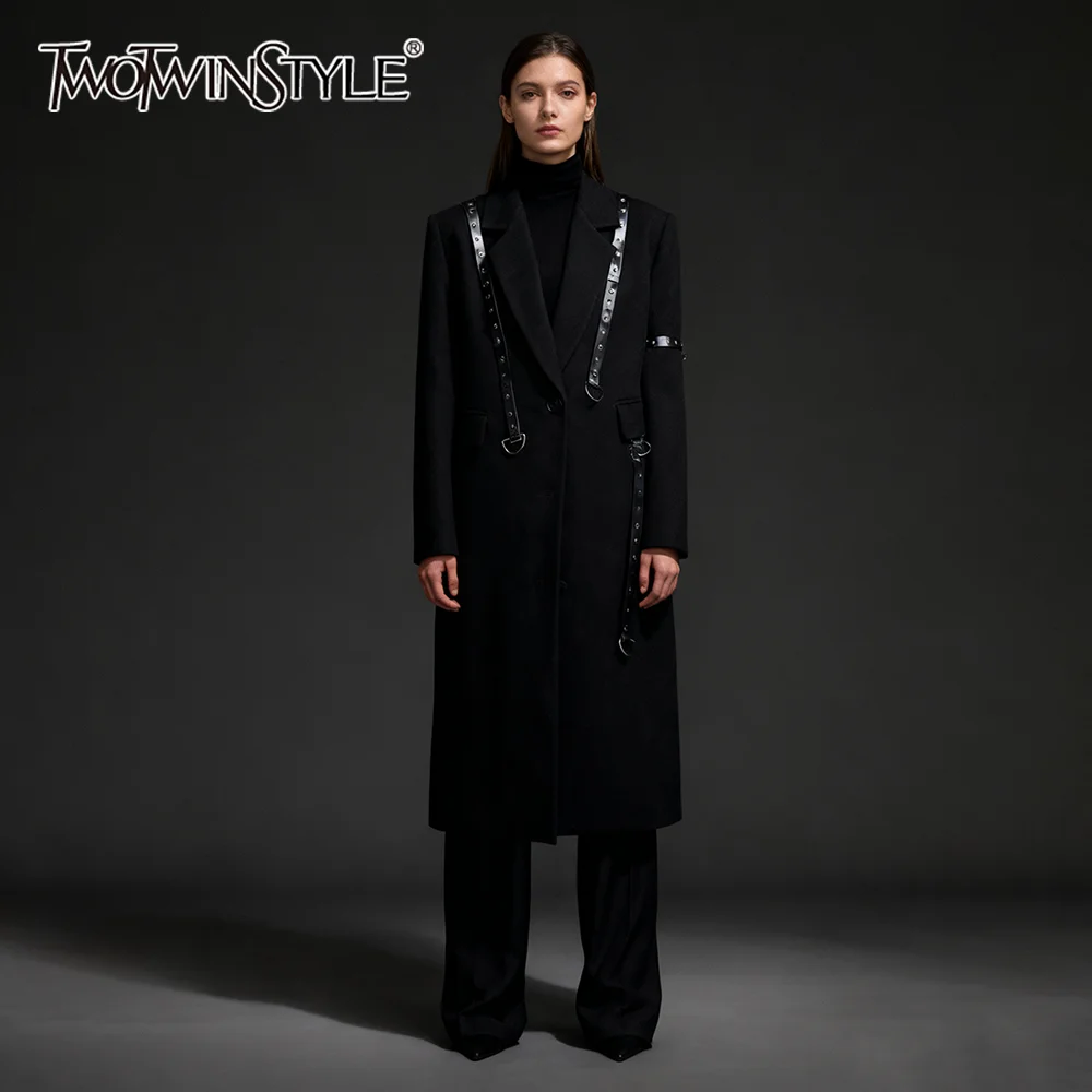 

TWOTWINSTYLE Solid Loose Spliced Belts Fashion Coats for Women Lapel Long Sleeves Temperament Coat Female Fashion Clothing New