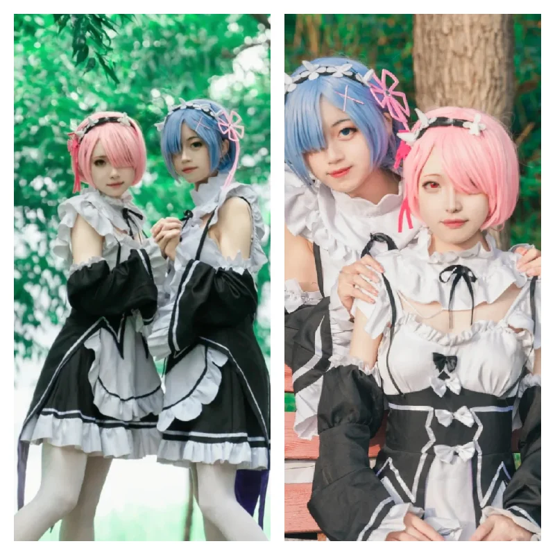 อะนิเมะ Rem Ram ชุดคอสเพลย์ Re: Zero Kara Hajimeru Isekai Seikatsu Kawaii แม่บ้าน Servant ชุดวิกผมถุงเท้าเครื่องแต่งกายวันฮาโลวีน