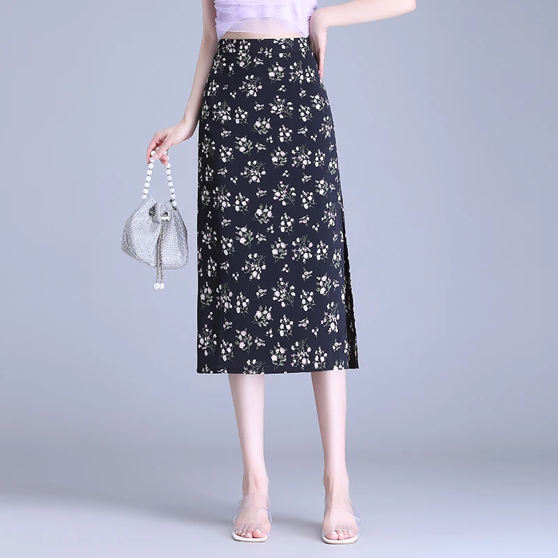 

High Waist Straight Tube f Skirt Women's Summer New Print Slimming Midi Side Slit One Step Skirt Bodycon Skirt
