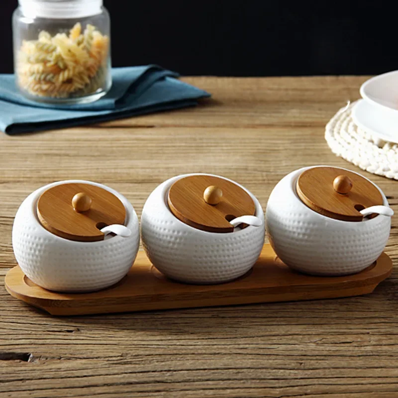 3pcs Set Ceramic Salt Paper Jar with Spoon Wooden Tray Seasoning Box Seasoning Bottle Sugar Jar Household Salt Kitchen Supplies