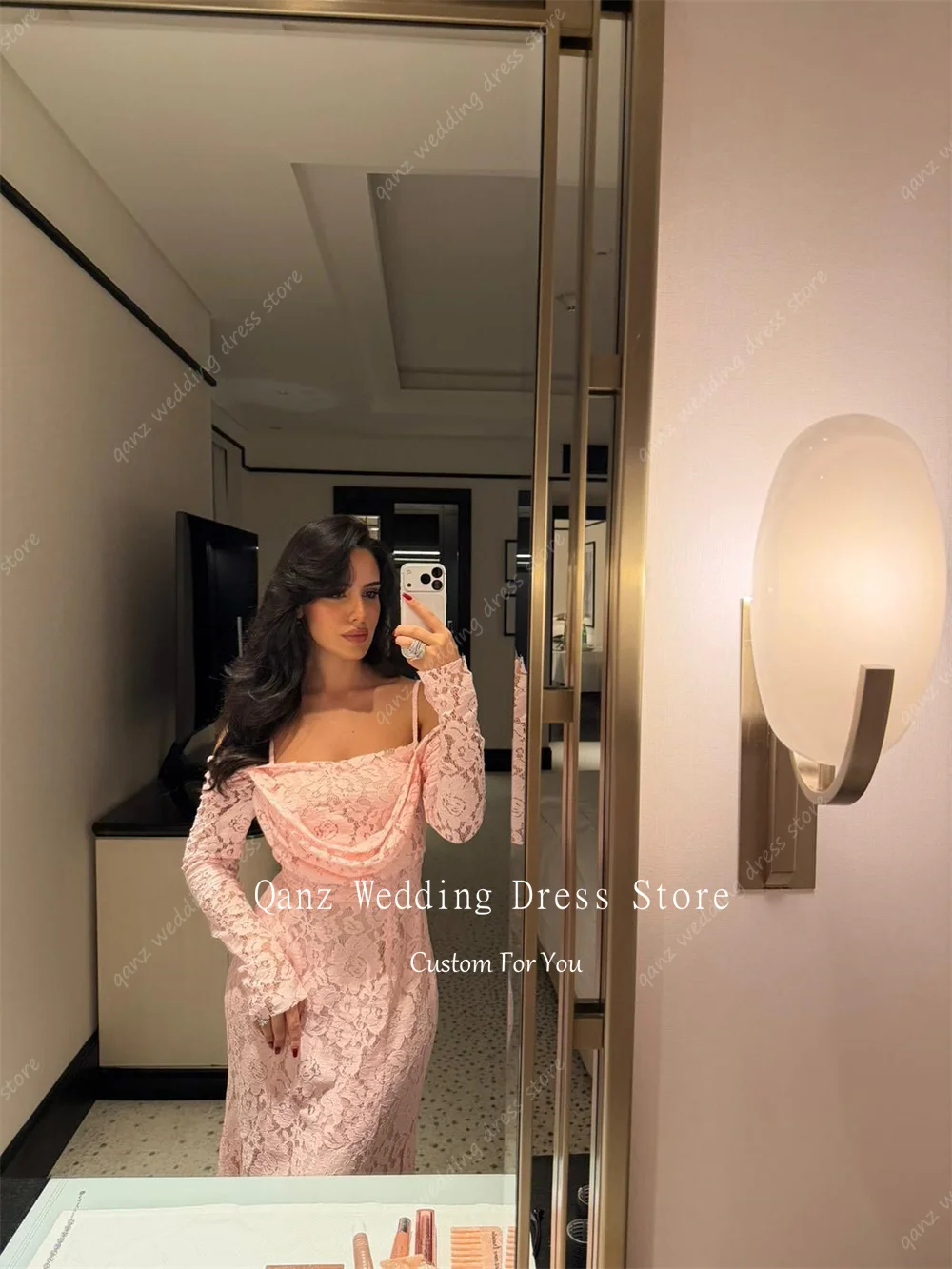 Qanz eleganti abiti da sera in pizzo senza spalline maniche lunghe Dubai Robes De Soirée abiti da cerimonia a sirena donna personalizzata