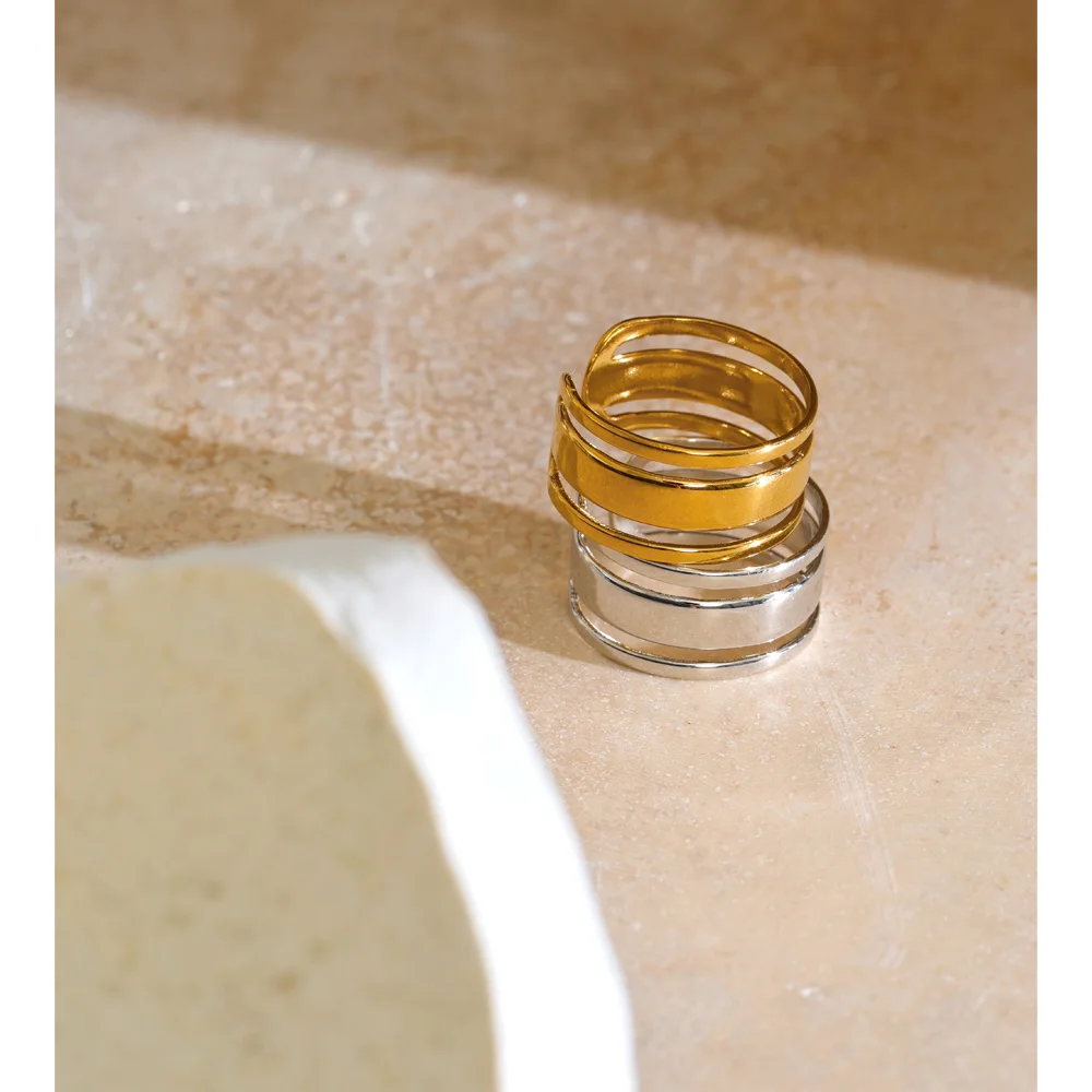 Yhpup Stainless Steel Layered Wide Open Adjustable Ring for Women Trending Daily Wear Simple Jewelry Accessories