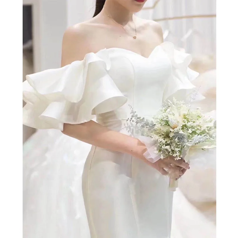 Satin light wedding dress 2025 bridal simple slim-fitting elegant waist fishtail one-word shoulder feminine temperament dress