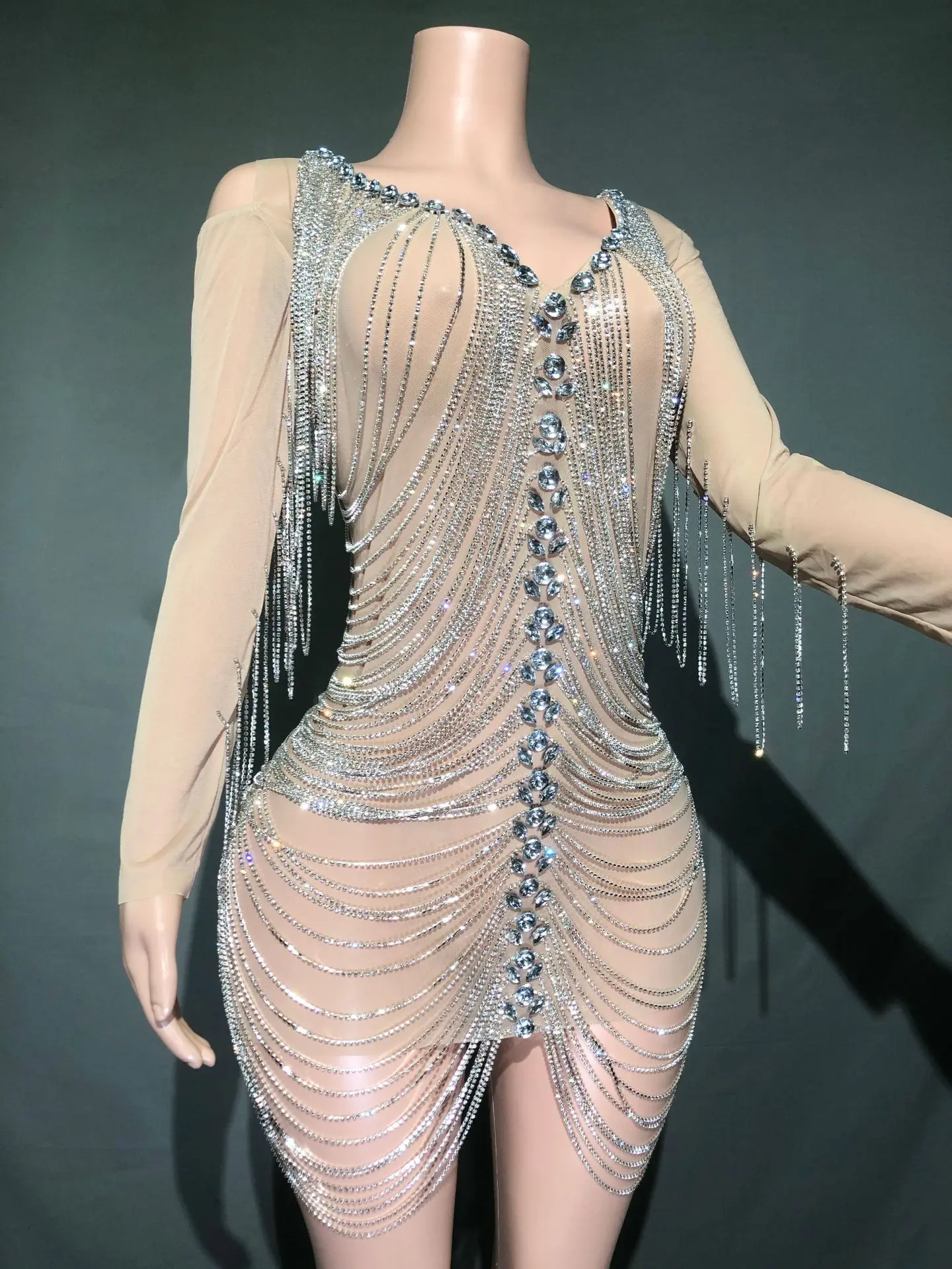 Dresses For Women 2025 Glamorous Rhinestone Chain Birthday Party Dress Stage Performance Costume Sexy VNeck Gem Hip Skirt Outfit