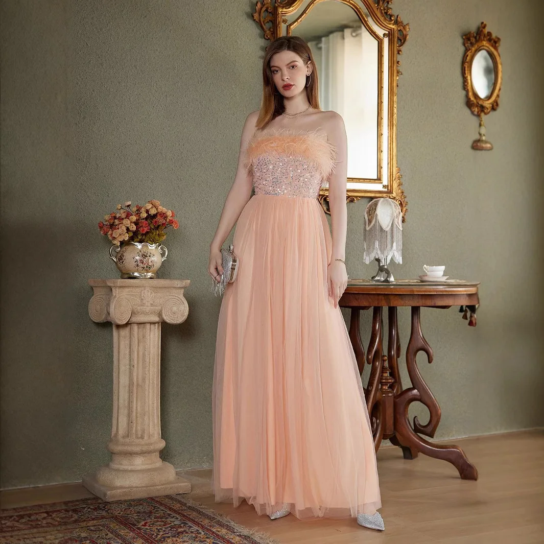 Nova cor sólida elegante sem alças luz de luxo verão lantejoulas festa vestido noite primavera 2025 vestido verão robe feminino