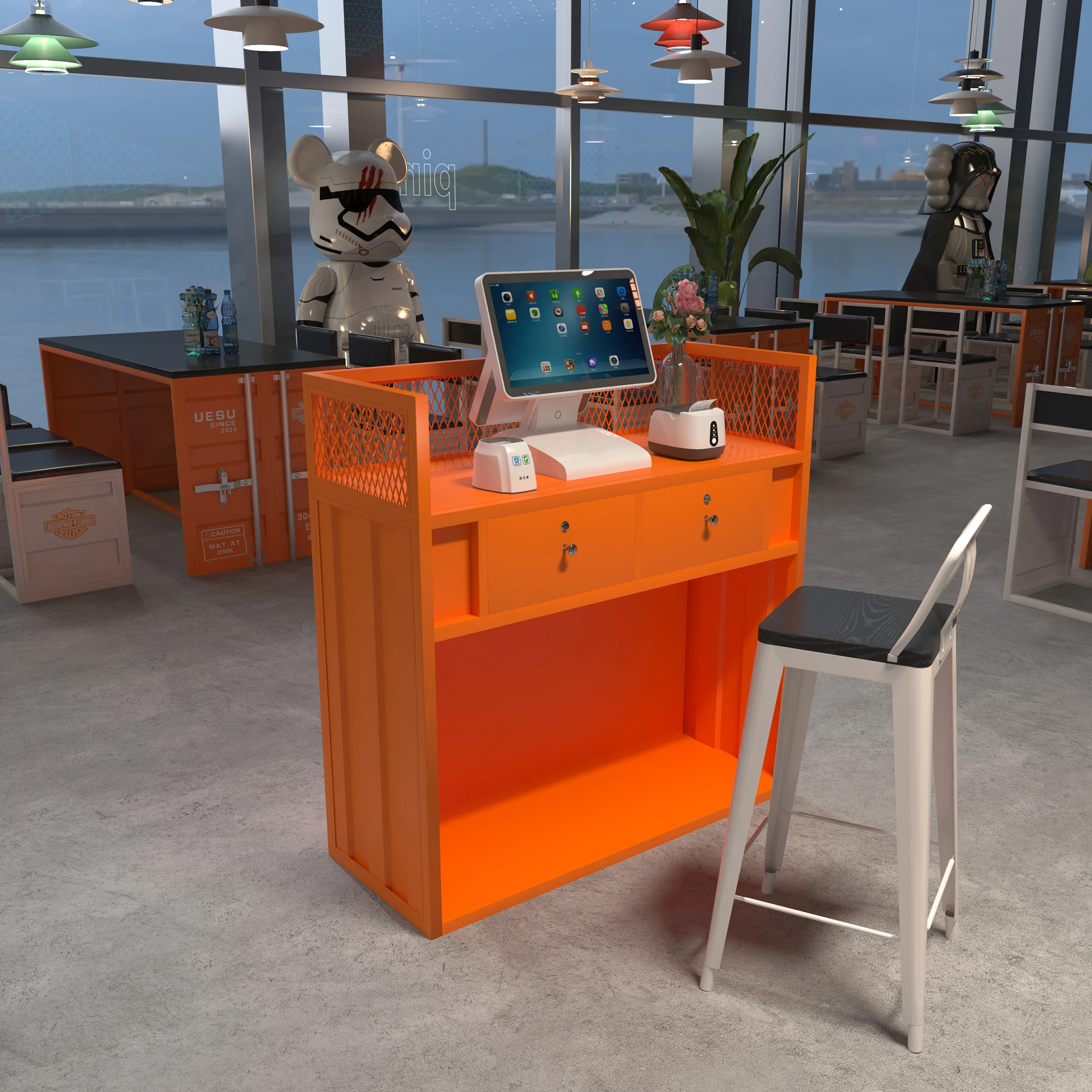 Restauracja komercyjna Mała recepcja styl industrialny metal catering strona kasy Wejście bar sklep