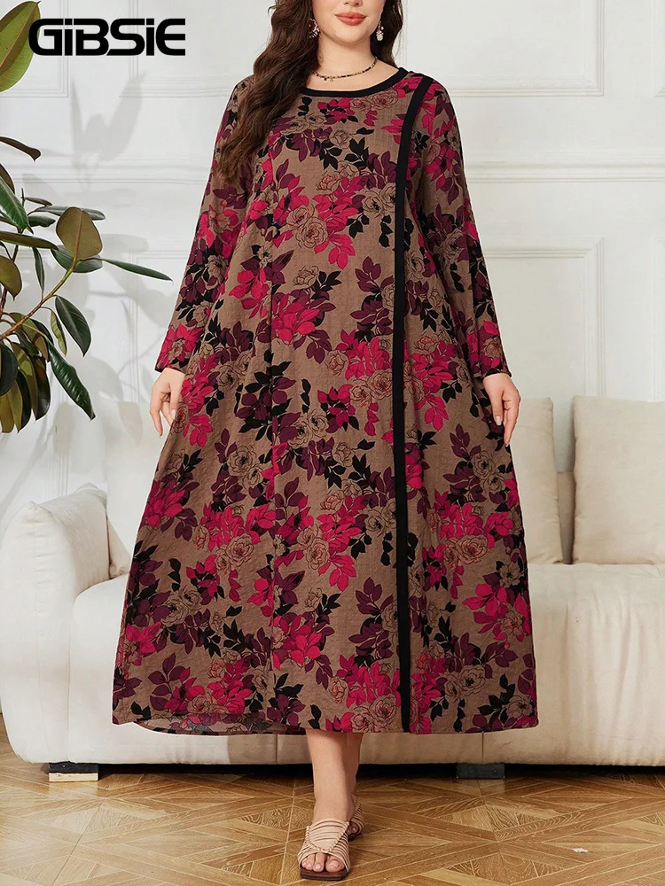 

Платье GIBSIE больших размеров в этническом стиле с цветочным принтом, А-силуэт, женское, весна 2026, новое, ретро, с длинным рукавом, повседневное, свободное, макси