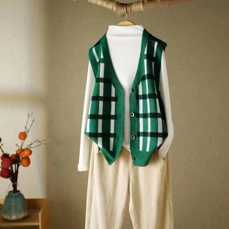 Women Vintage Plaid Patchwork Single Breasted Knitted Cardigan Trendy V Neck Sleeveless Sweater Vest Y2K Female Loose Waistcoat