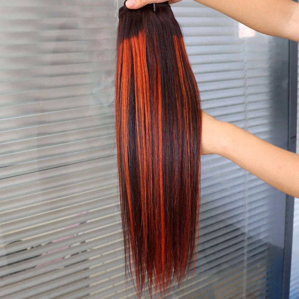 تسليط الضوء على البيانو 1B أسود أحمر برتقالي اللون شعر مستعار بشري حزمة عذراء ريمي الشعر البرازيلي النسيج نسج لحمة مزدوجة