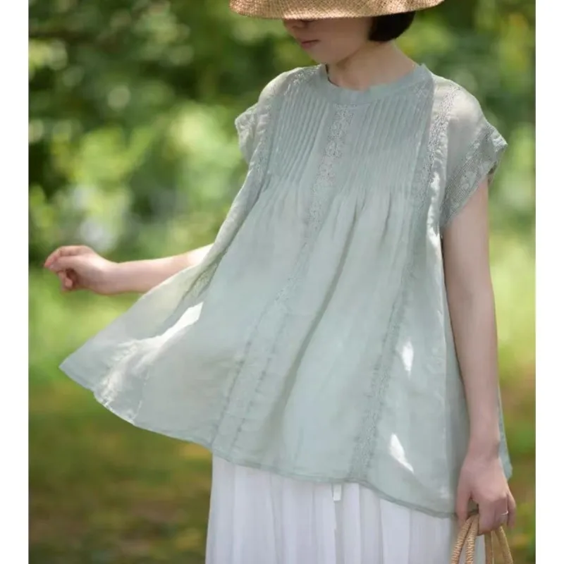 Johnature Japanese New Linen Shirt Women   Summer New Patchwork Lace Pleated Loose Sleeveless Casaul Babydoll Shirts