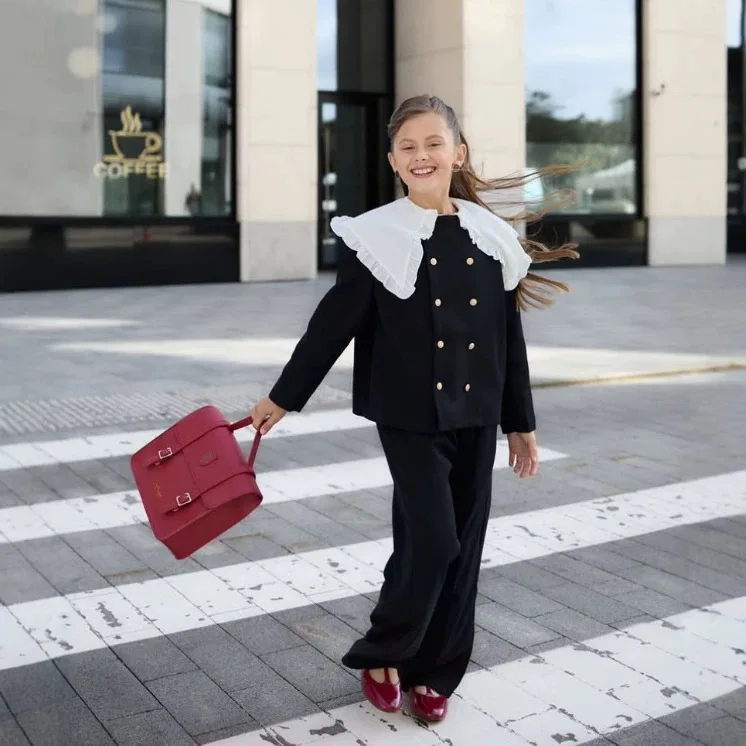 2026 Russian Spring and Autumn Girls' White Detachable Ruffle Collar Coat French Pants Two Piece Set