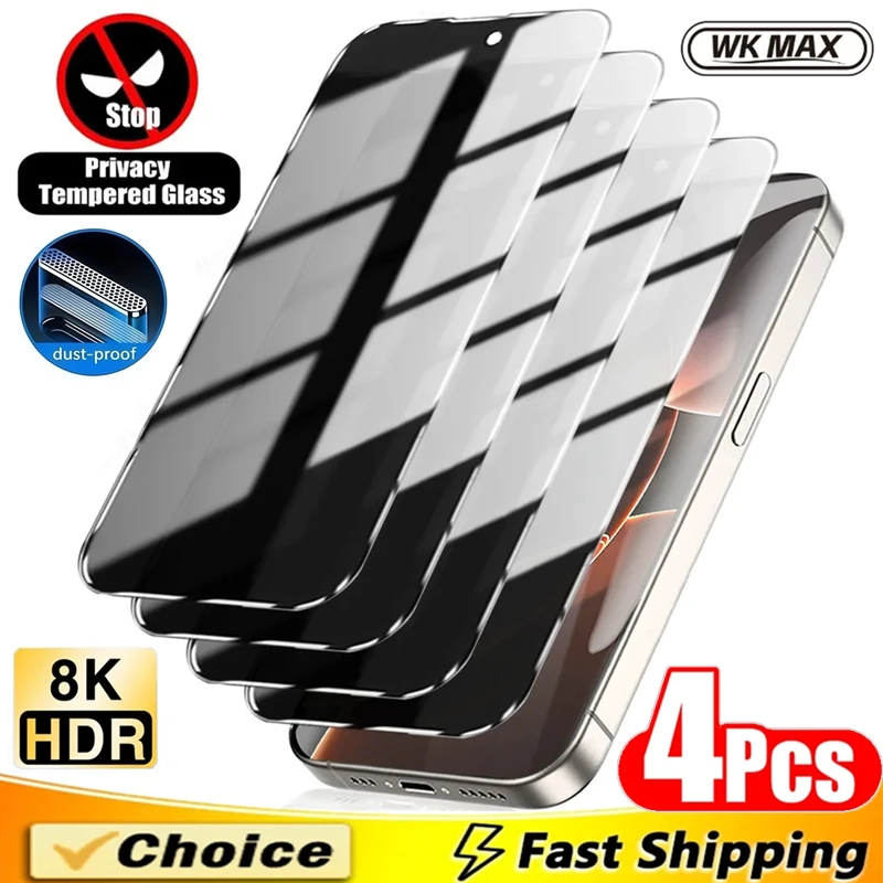 

4Pcs New Dust Proof 8K Privacy Screen Protector For iPhone 16 13 12 11 14 15 Pro Max Anti-spy Glass For iPhone 17 PRO XR X XS