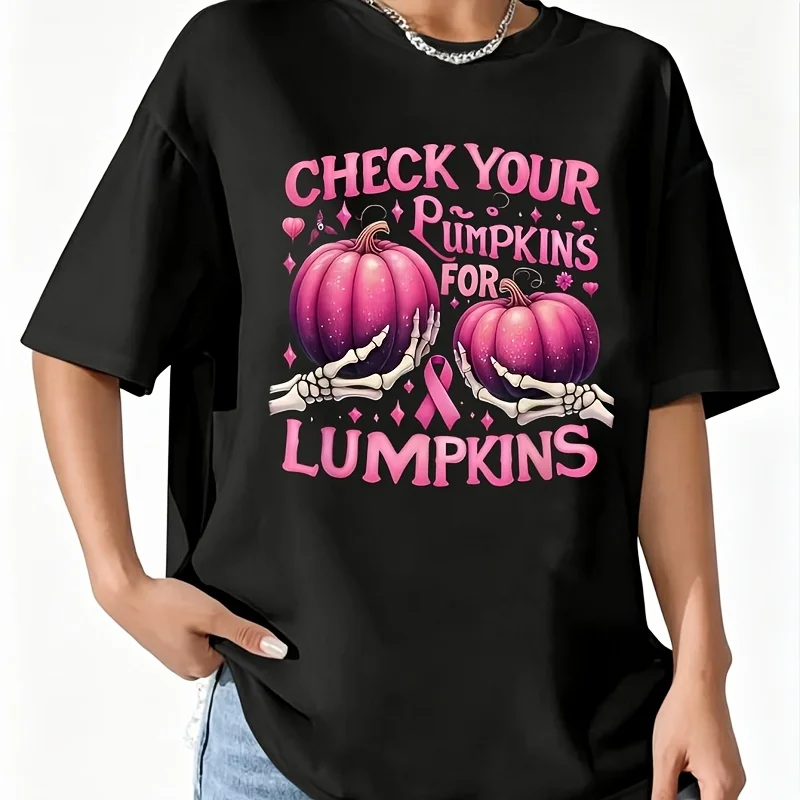Check Your Lumps Breast Cancer Awareness Pink Ribbon Pumpkin Women's T-Shirt 100% Cotton Fun Print Short Sleeve Top Casual Round Neck Tee S-5Xl
