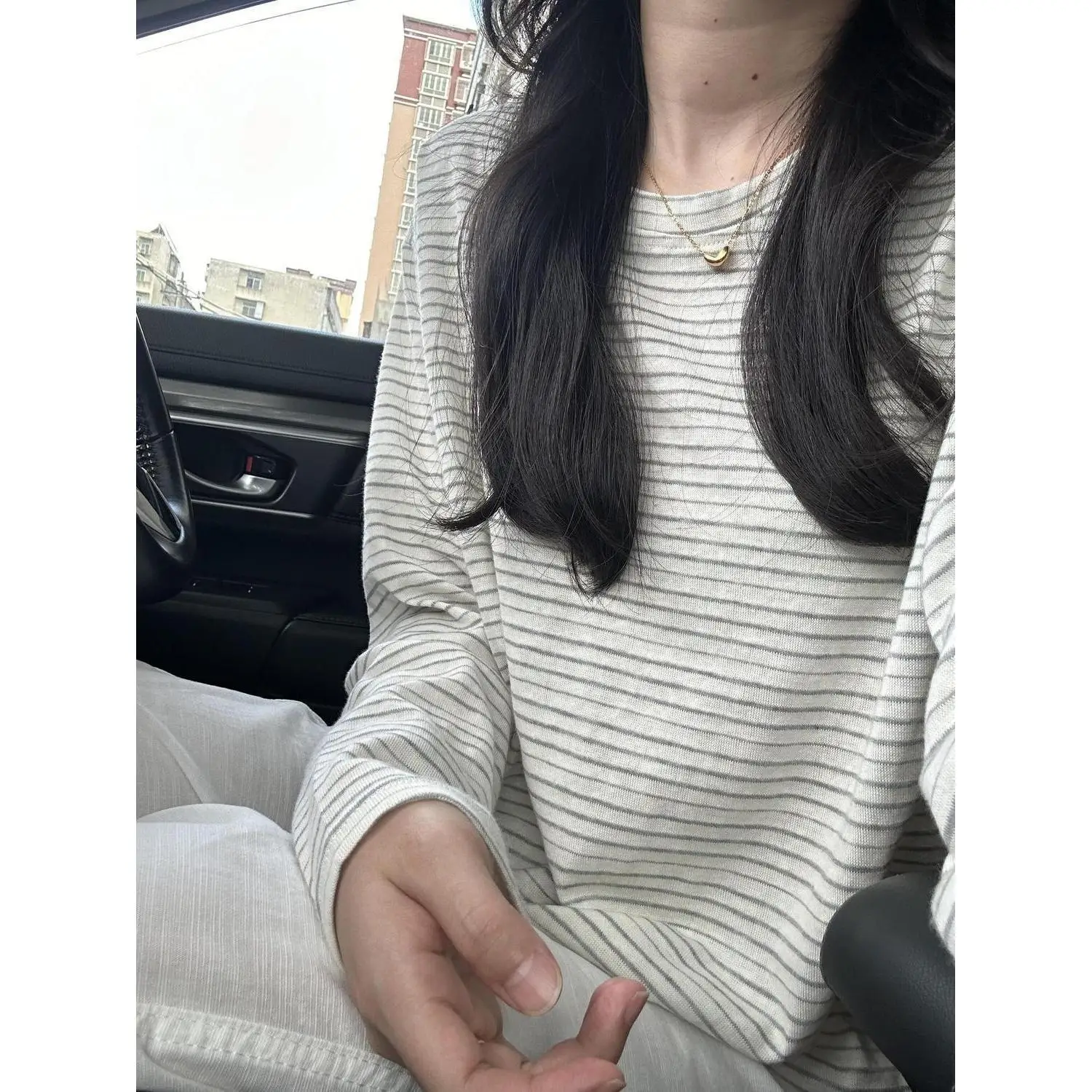 Slimming Striped Long Sleeve T-Shirt Women's Korean Campus Style Loose Fit Autumn Winter Top Breathable Cotton Polyester Blend