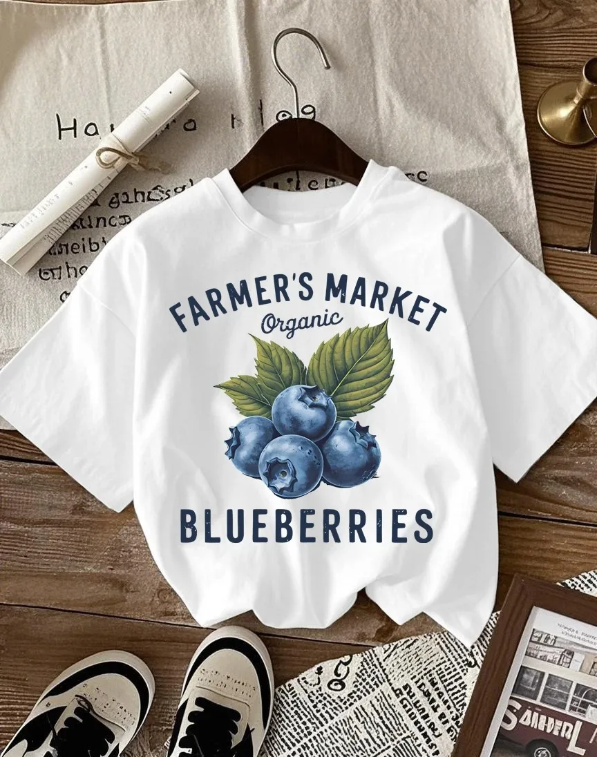 Farmer's Market Organic Blueberries Graphic T-Shirt Vintage Fruit Aesthetic Tee Summer Short Sleeve Streetwear Casual Women Top