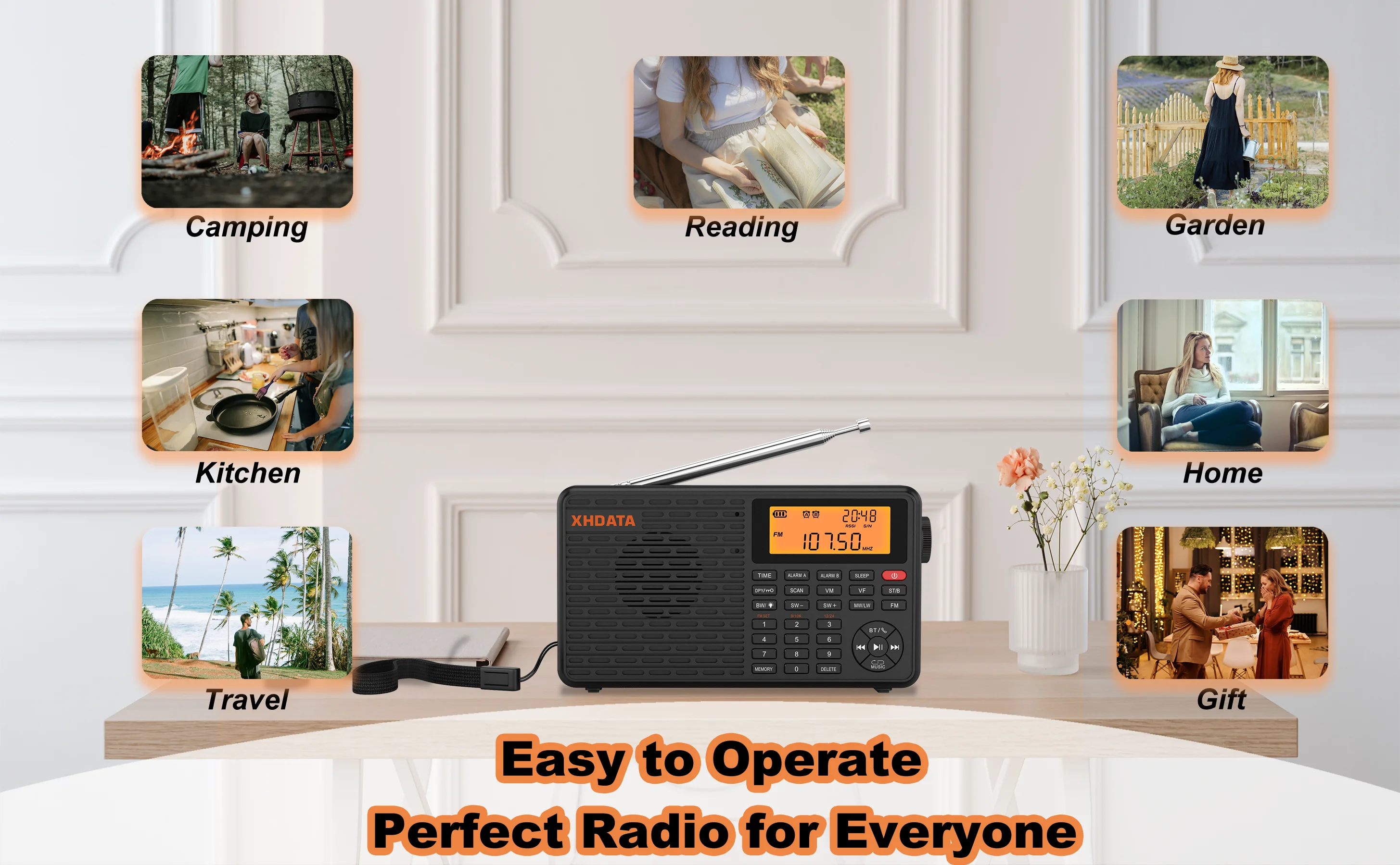 XHDATA D-109 Stereo Digitales Tragbares Radio AM SW MW FM Radio Bluetooth-kompatibles Multifunktionsradio Unterstützung TF-Kartenspieler – Detail 9