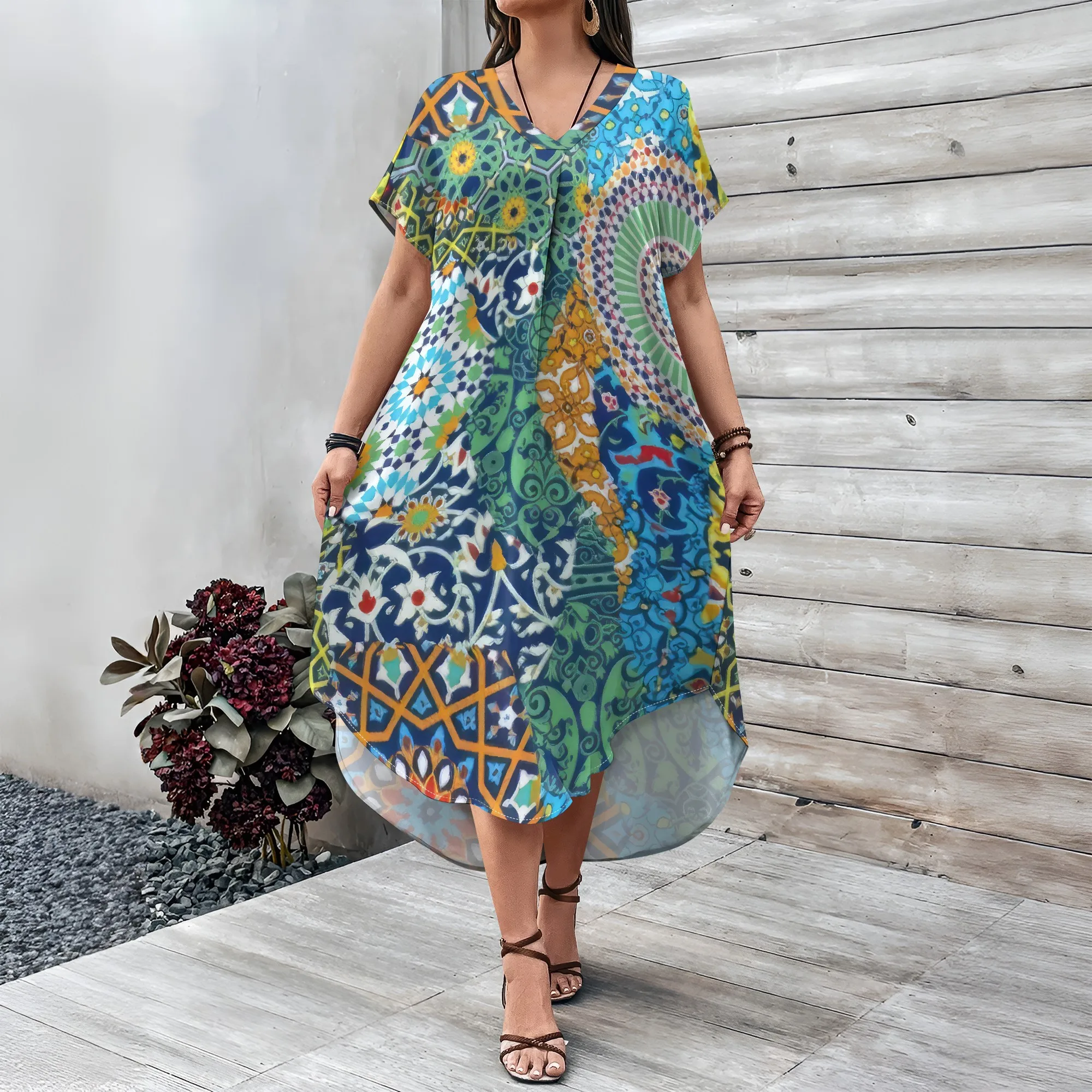 

Women's summer short sleeved dress 3D printed fashionable printed African style dress