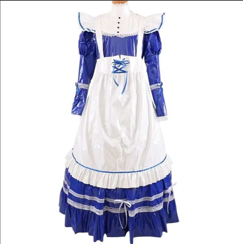 

New Fashion Adult Giant Baby Blue PVC White Apron Long Dress Sissy Role Playing Maid Dress Custom Lockable