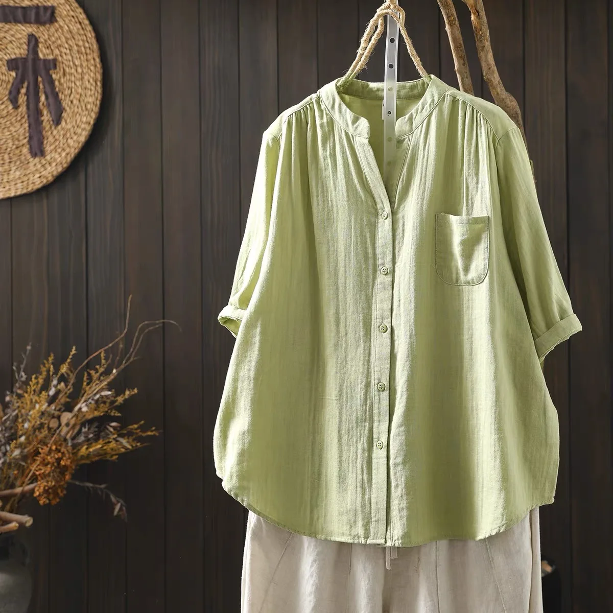 Oversized Vintage Cotton Yarn Blouse for Women V‑Neck Half Sleeve Button Up Shirt with Pocket Breathable Loose Summer Shirts