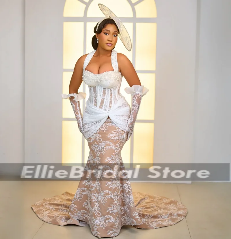 Romantic Wedding Dresses Women Graceful Mermaid Sleeveless Lace Applique Pearls Classic Bridal Gowns Vestido De Novia Customized