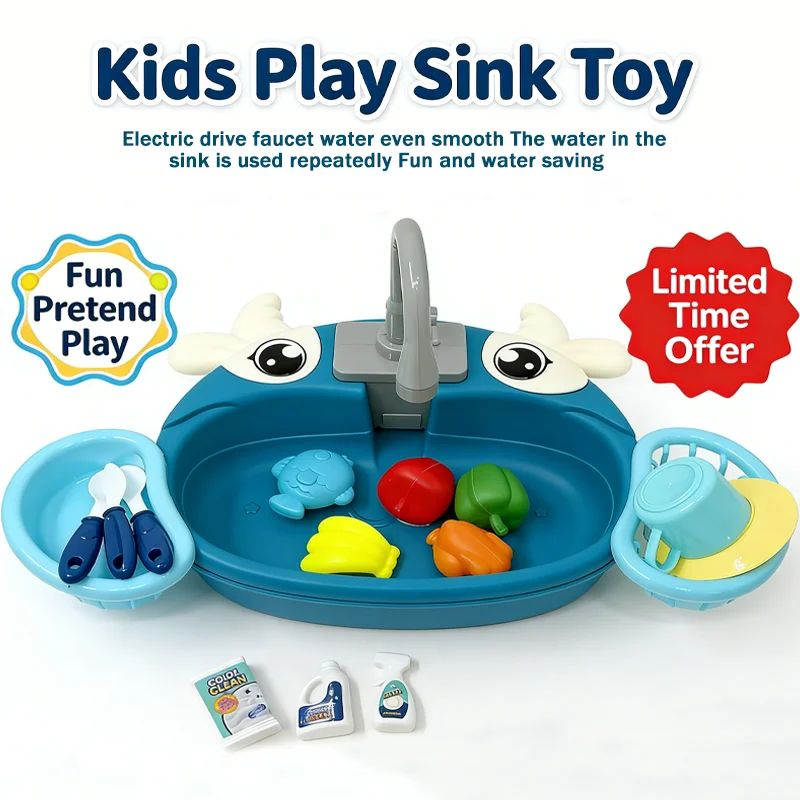 Kids Kitchen Sink Toys with Electric Water Cycle Pretend Play Dishwasher with Utensils Food Educational Toy for Toddler Boy Girl