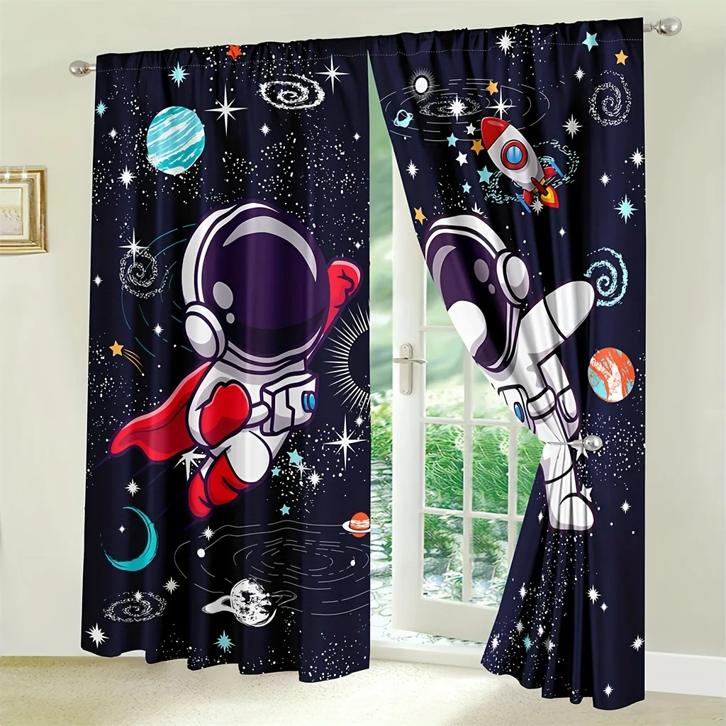 2PCS Black Curtains Astronaut Space Astronaut Window Curtains Planets Shuttles Cosmic Adventure Home Decor Rod Pocket For Bedroo