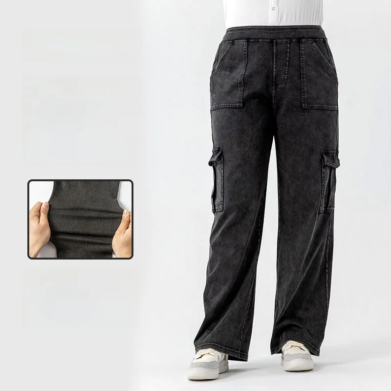 Calça cargo feminina extra longa plus size, cintura alta, jeans, pernas largas, com bolsos duplos, estilo casual esportivo