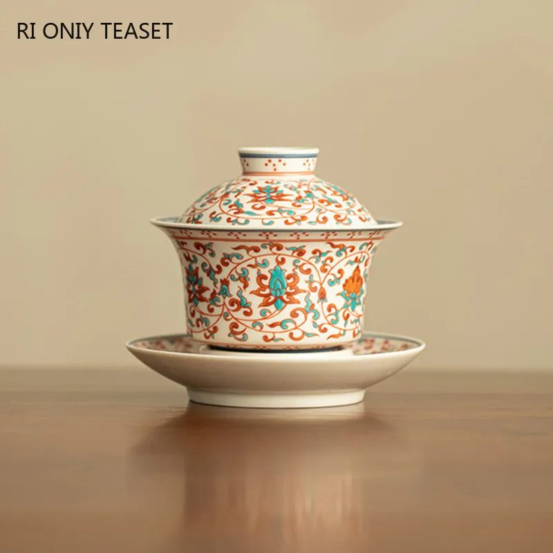 140ml Chinese Pastel Ceramic Gaiwan Teacup Handmade Flowers Porcelain Tea Tureen Travel Portable Tea Bowl Household Teaware