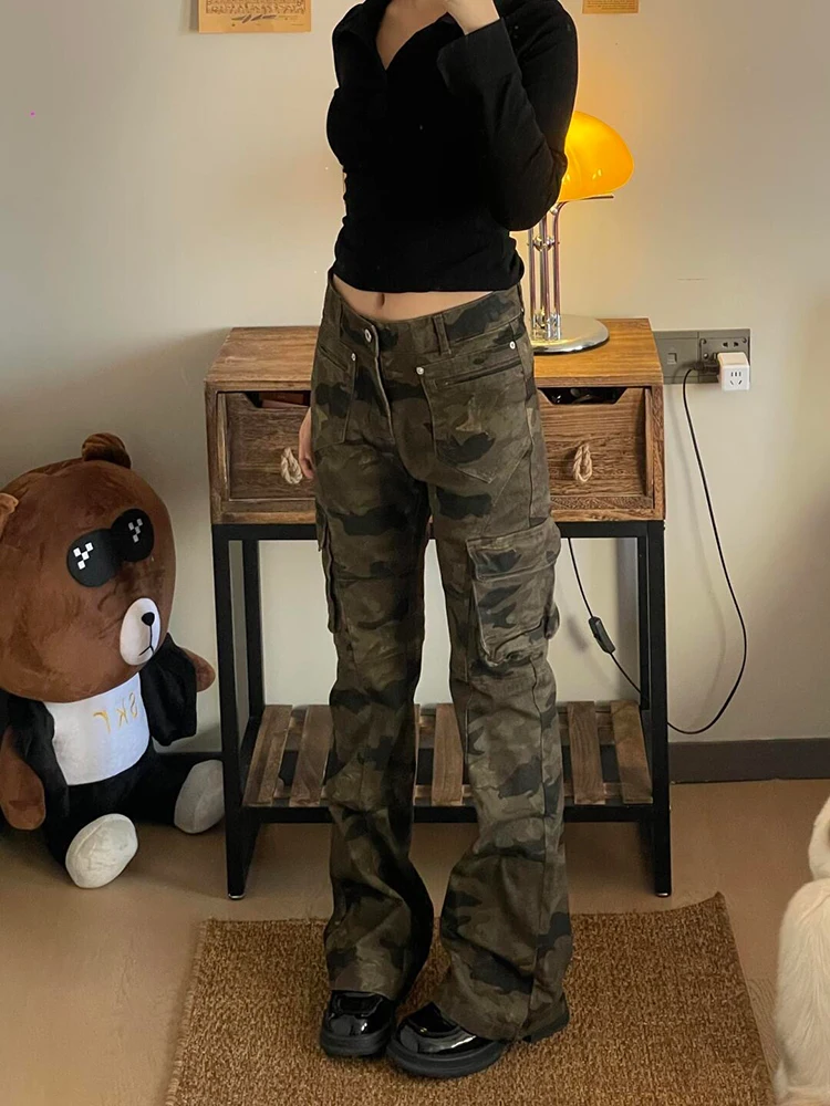 Pantalon en jean de travail américain à taille basse pour femme, coupe slim, camouflage, leggings droits, automne-hiver, petite taille, évasé...