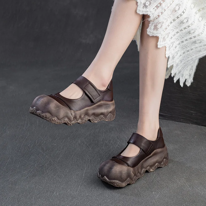 

Fashion Women Thick Sole Platform Loafers Summer Handmade Retro Style Big Head Shallow Height Increasing Casual Shoes