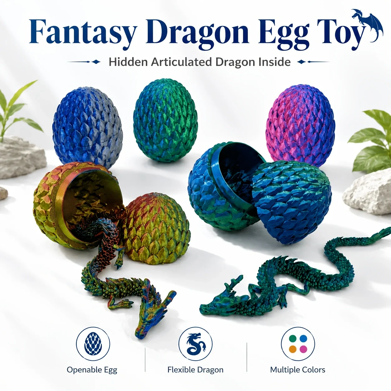 Fantasy Dragon Egg Toy, 3D Printed Articulated Dragon with Openable Gem Egg, Flexible Fidget Collectible Christmas Gift