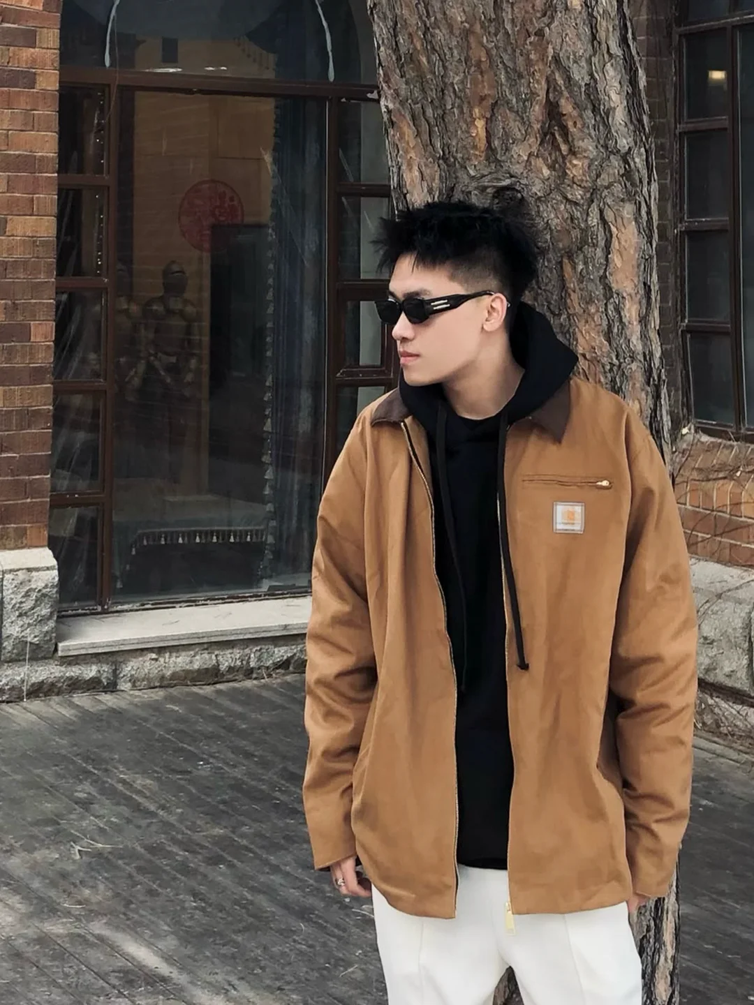 Retro American Khaki Workwear Jacket Zipper Collar Unisex Spring Autumn Trendy Outerwear Youth  Style Long Sleeve Coat