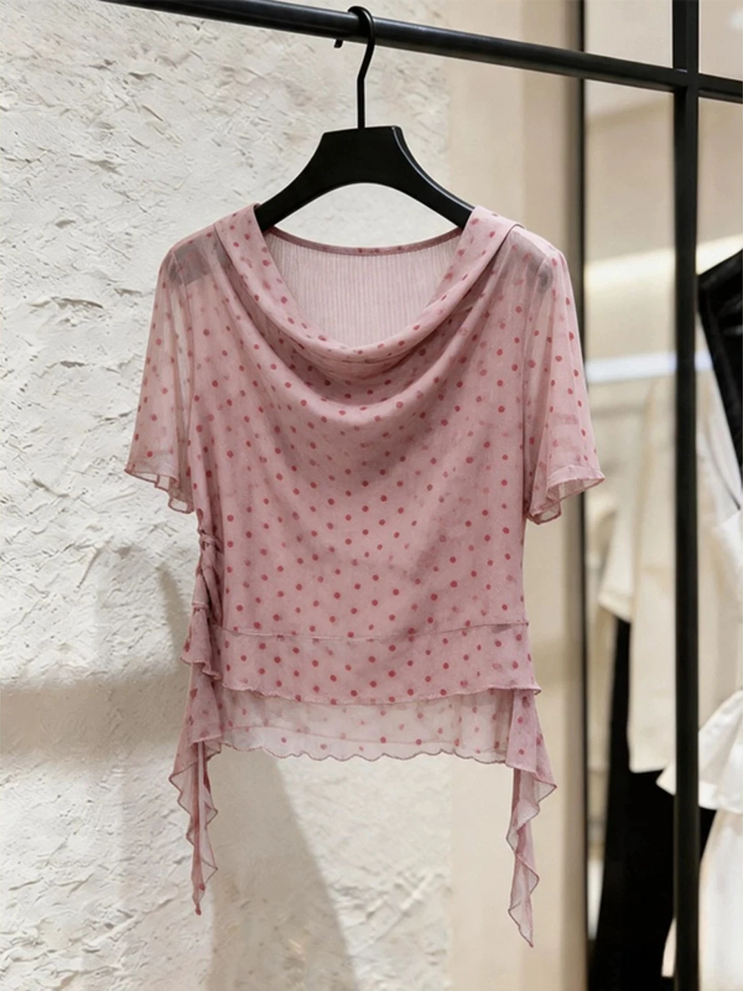 

Korean Style Sweet Polka Dot T-Shirt with Sash Elegant Women's Summer Top Fashionable Floaty Shirt Straight Cut Commute Style