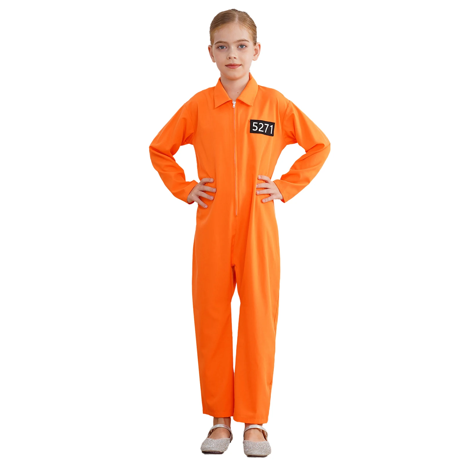 Prisoner Costume for Kids Boys Girls Halloween Orange Prison Jumpsuit Jailbird Inmate Uniform Fancy Cosplay Zipper Full Bodysuit