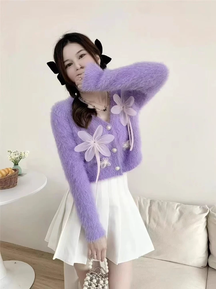 ​Chic Bowknot 3D Floral Knitted Cardigan 2025 New Autumn Winter Vintage Faux Raccoon Fur Short Sweater Coat Top Sweet​