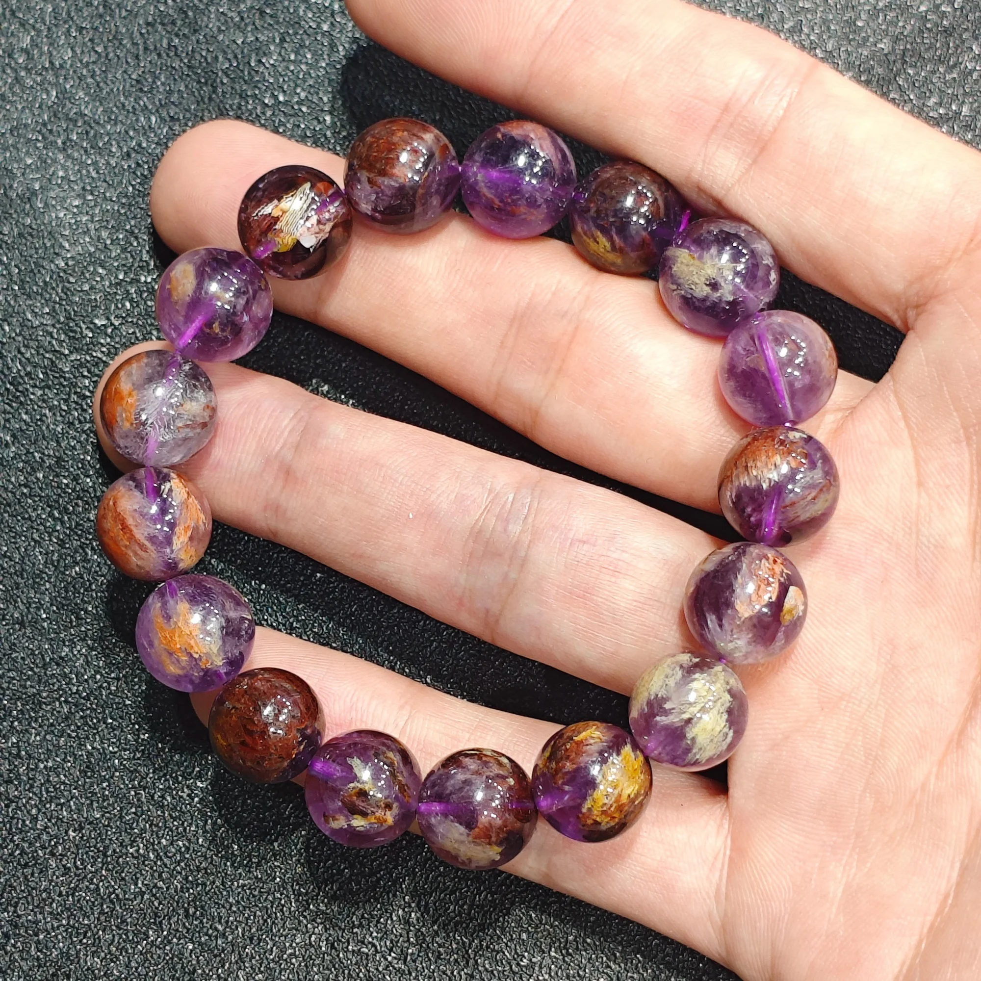 Natural Fire Purple Phantom Quartz Bracelet Round Beads Crystal Stretch Jewelry Gemstone Wristband Present Gift for Women