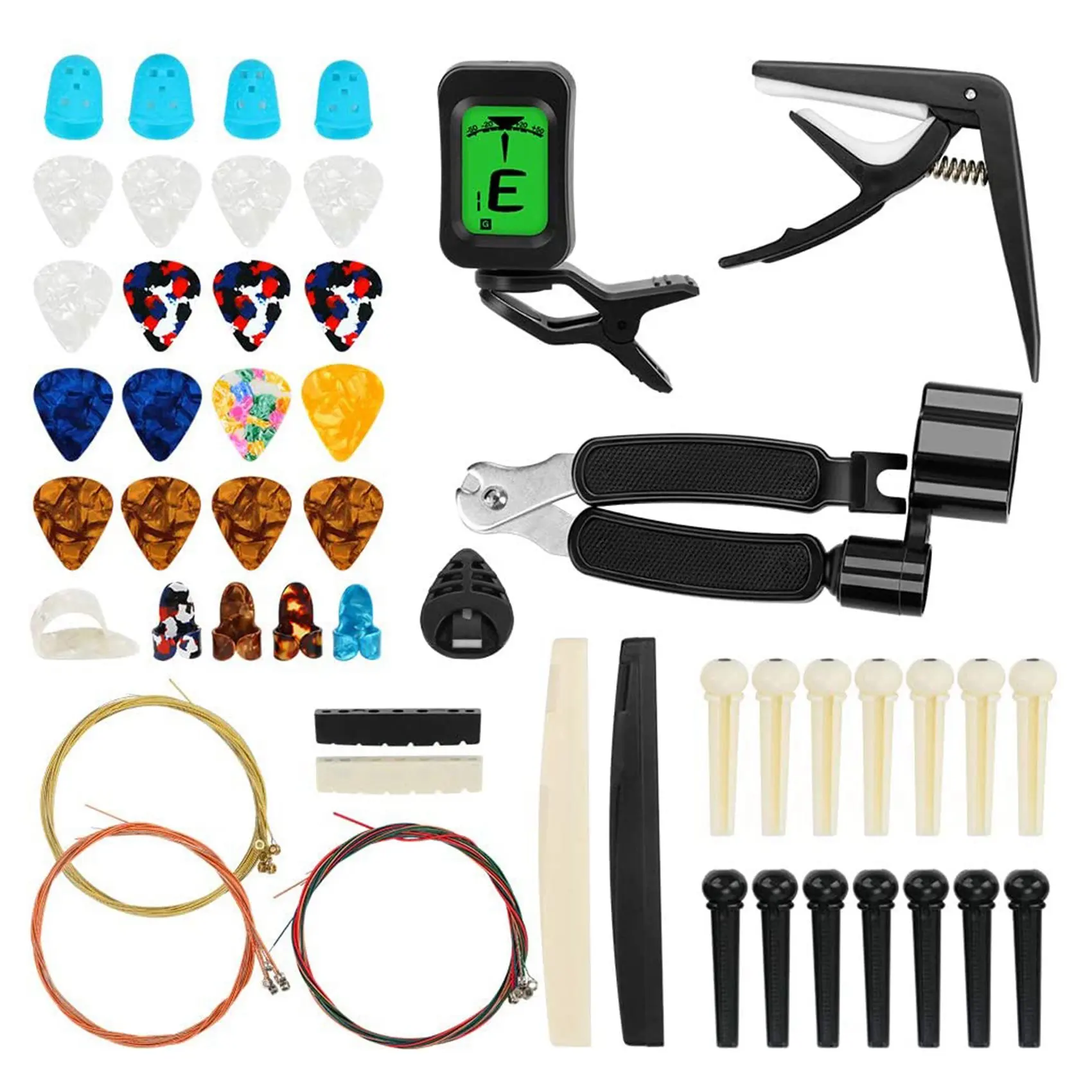 65 PCS Guitar Accessories Kit with Guitar Strings, Tuner, Capo, Picks, Pick Holder, Thumb Finger Picks, Bridge Pins