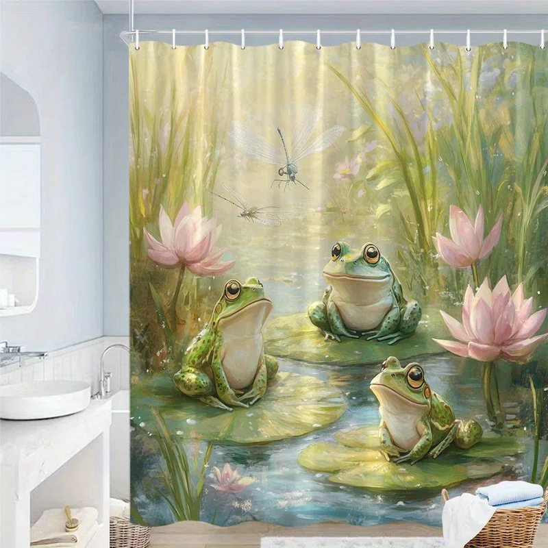 1pc Whimsical Frog Pond Shower Curtain - Enchanted Forest Design with Green Frogs, for Lotus Flowers, Dragonfly & Butterfly, Mac