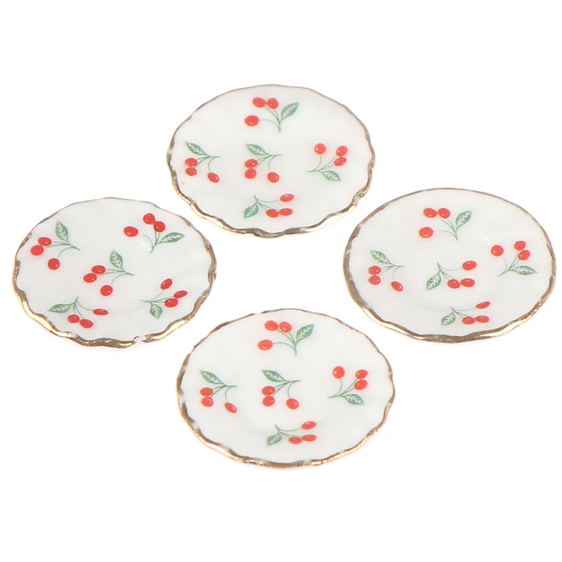 4PCS Kitchen Toys Dollhouse Cherry Trays Plates Doll Durable Mini Food Dishes Tableware Miniature Doll House Accessories