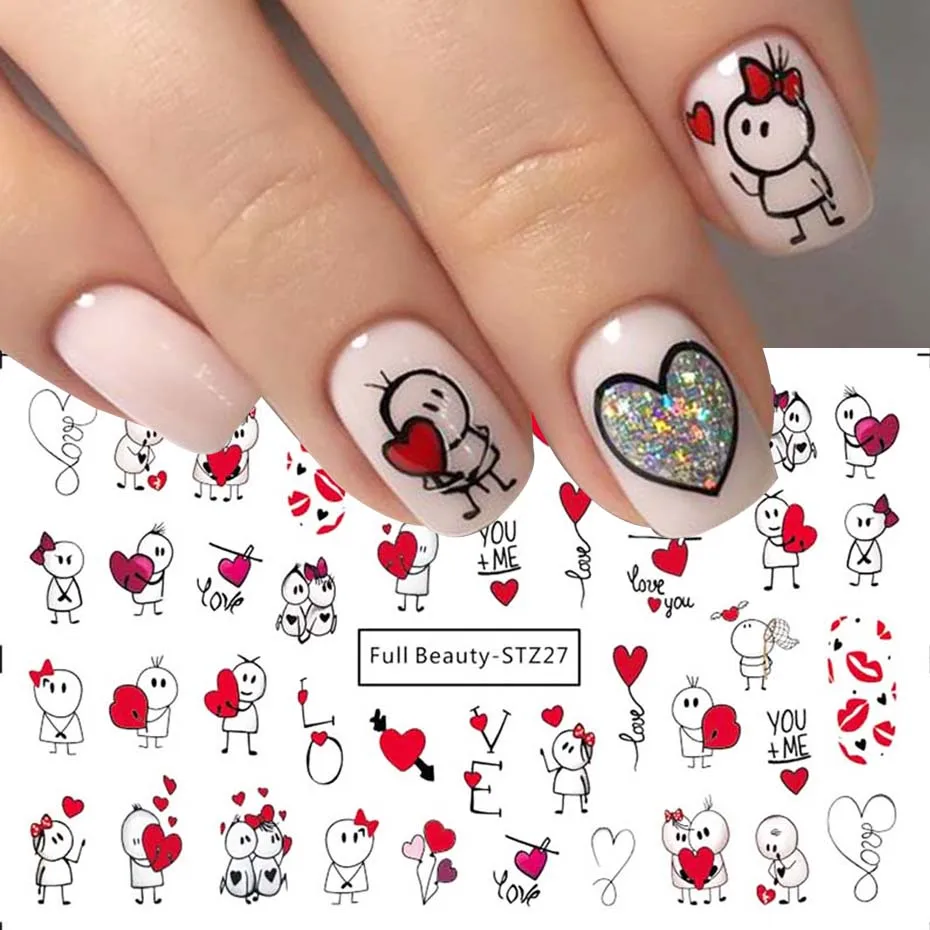 Love Heart Valentine Nail Art Sticker Cartoon Cute Couple Lover Water Transfer Nail Sliders Decal DIY Manicure Decoration NFFB